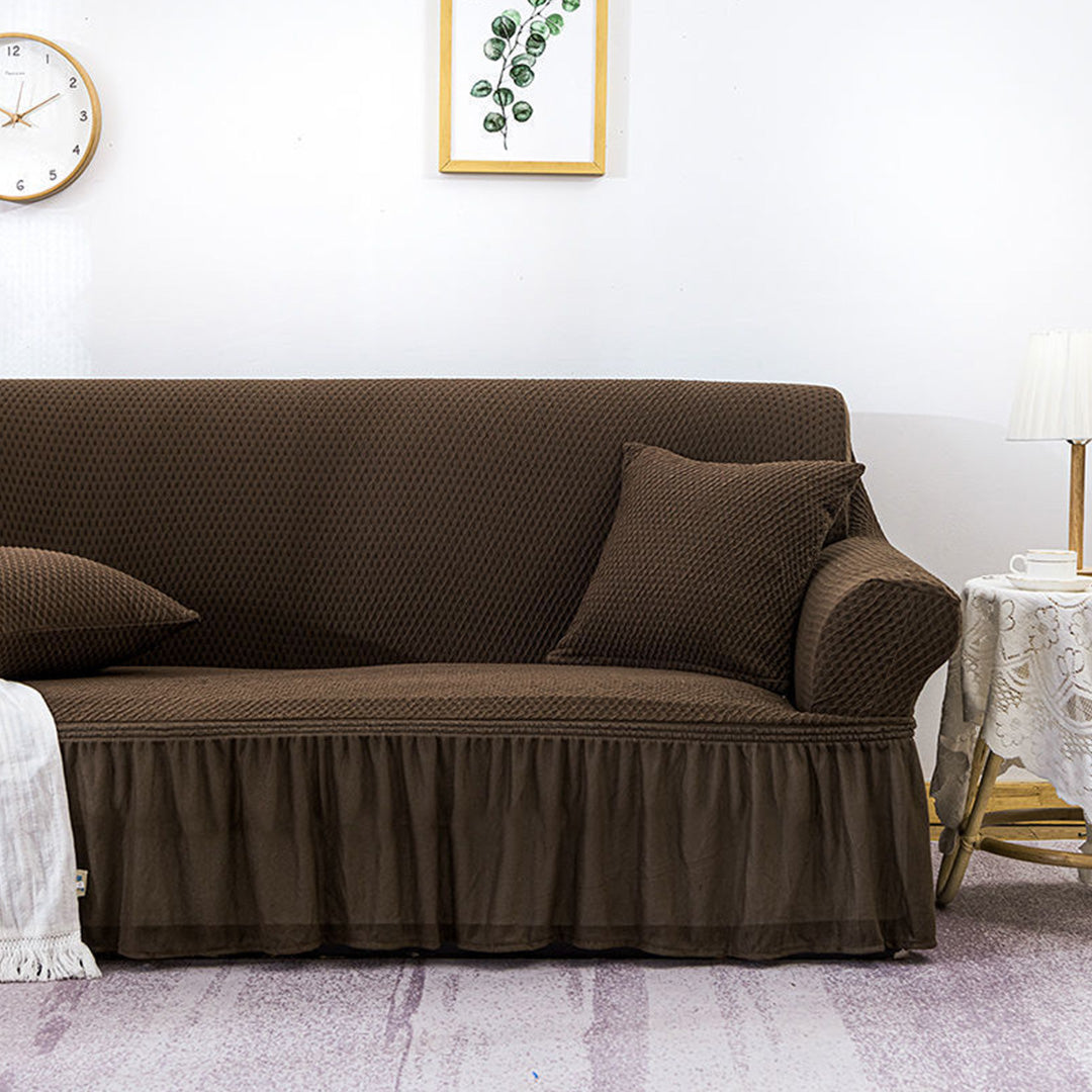 Coffee Colored 4- Seater Sofa Cover with Ruffled Skirt