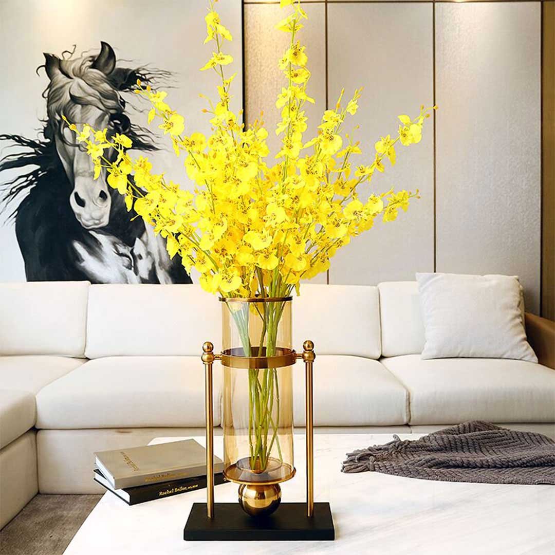 42cm 32cm Transparent Glass Vase with Yellow Flower and Candle Set