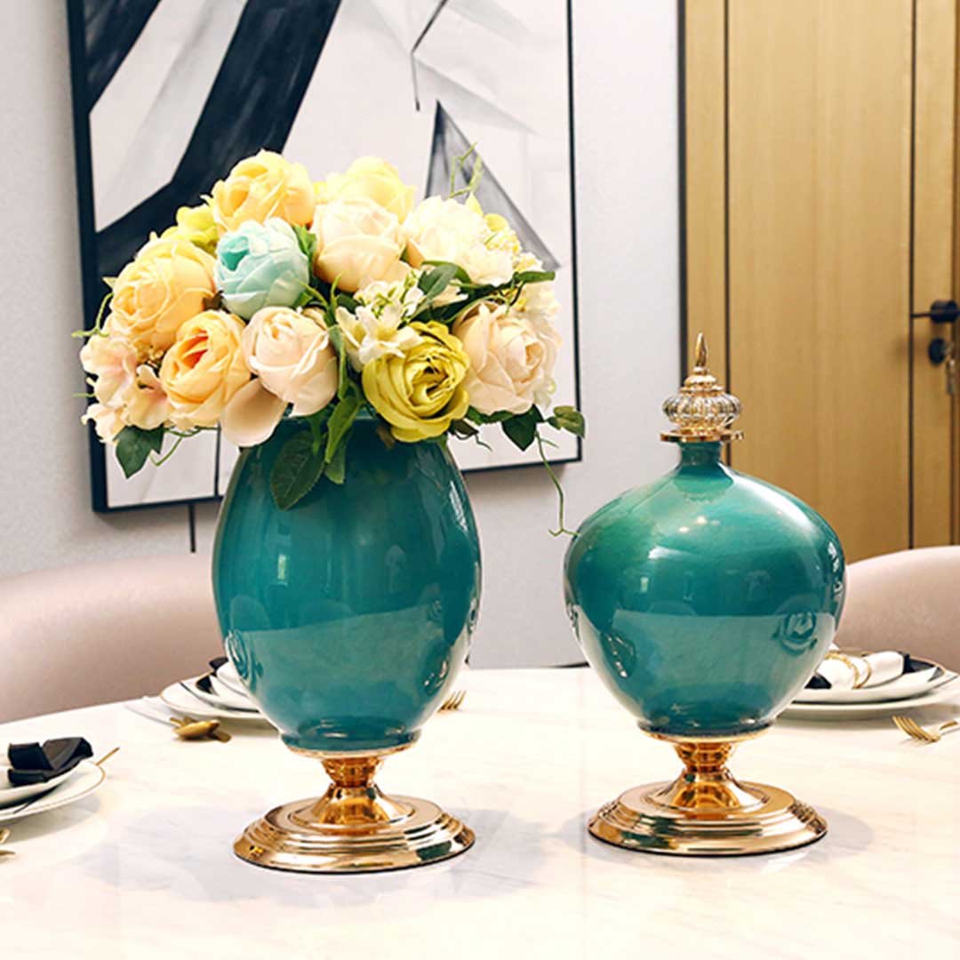 38cm Ceramic Vase with Gold Metal Base Green