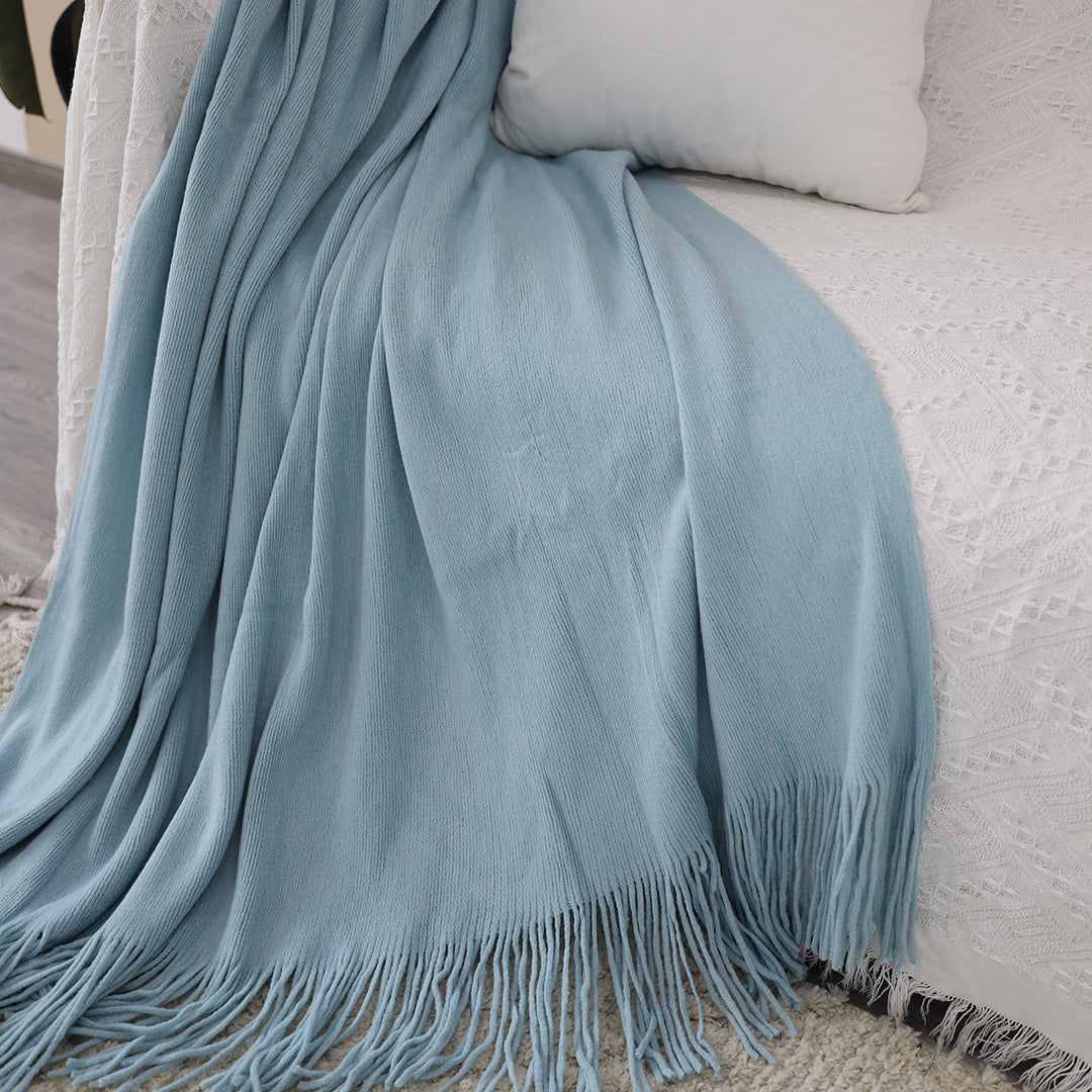 Sky Blue Acrylic Knitted Throw Blanket