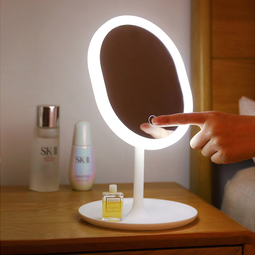 360 Degree Rotating Cosmetic Storage Organiser with White LED Light Tabletop Mirror Set