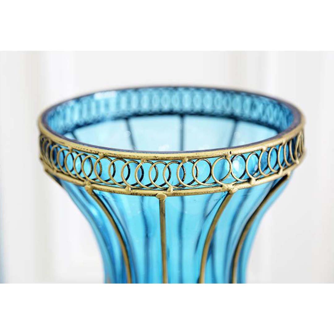67cm Blue Glass Floor Vase with Metal Stand