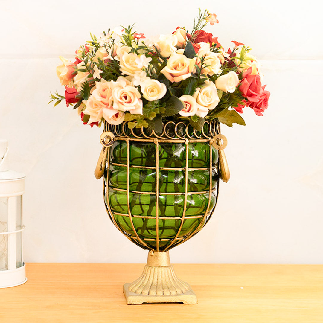 Green European GlassFlower Vase with Metal Handle
