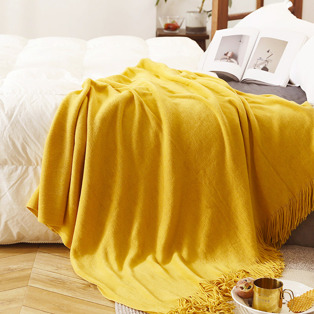 Yellow Acrylic Knitted Throw Blanket