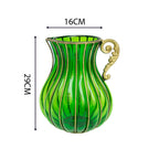 Green European Glass Flower Vase with Metal Handle