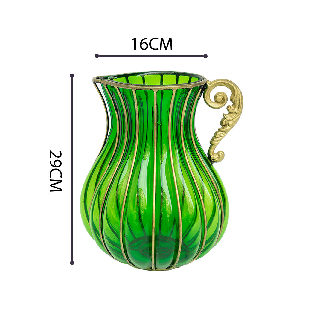 Green European Glass Flower Vase with Metal Handle