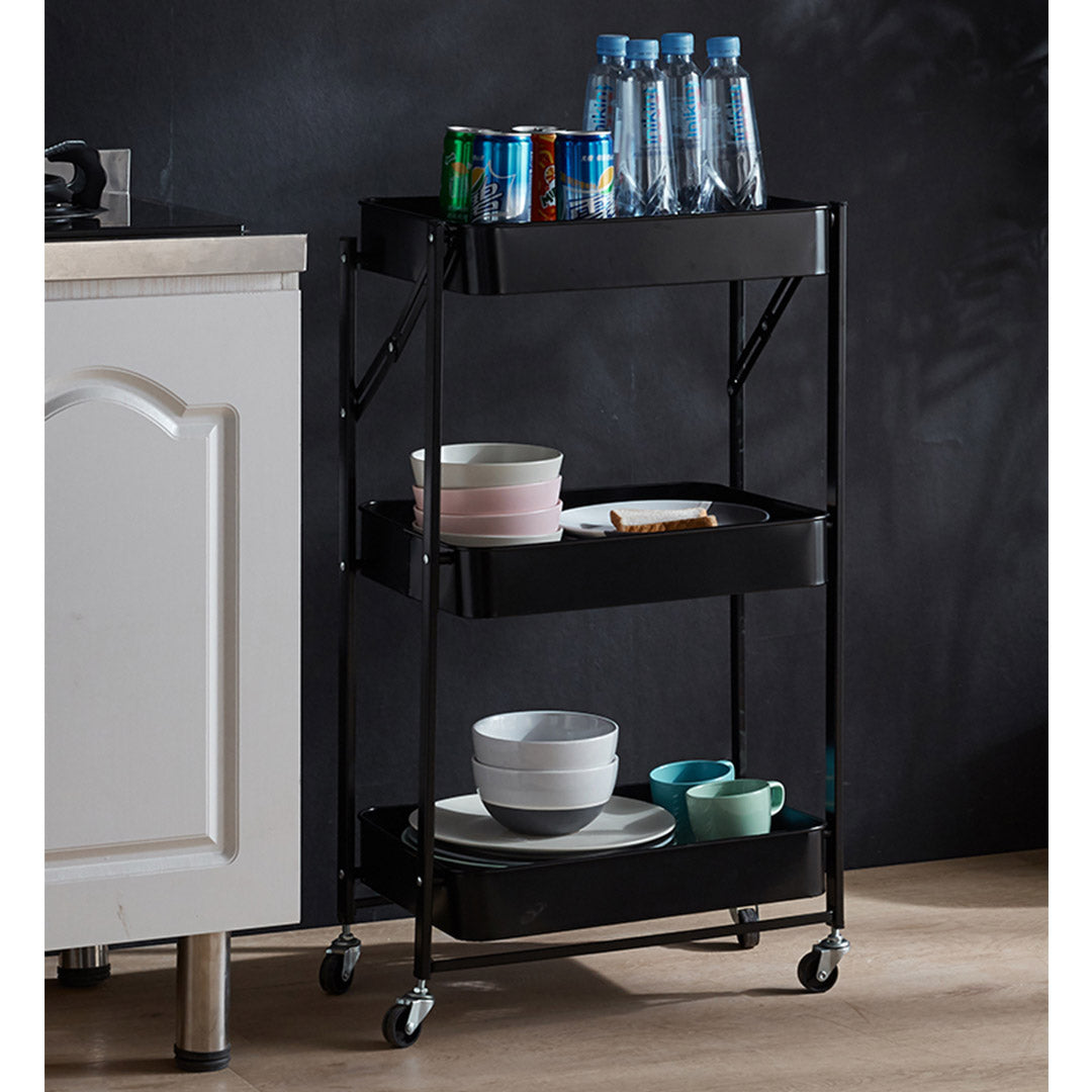 3 Tier Steel Black Foldable Kitchen Cart