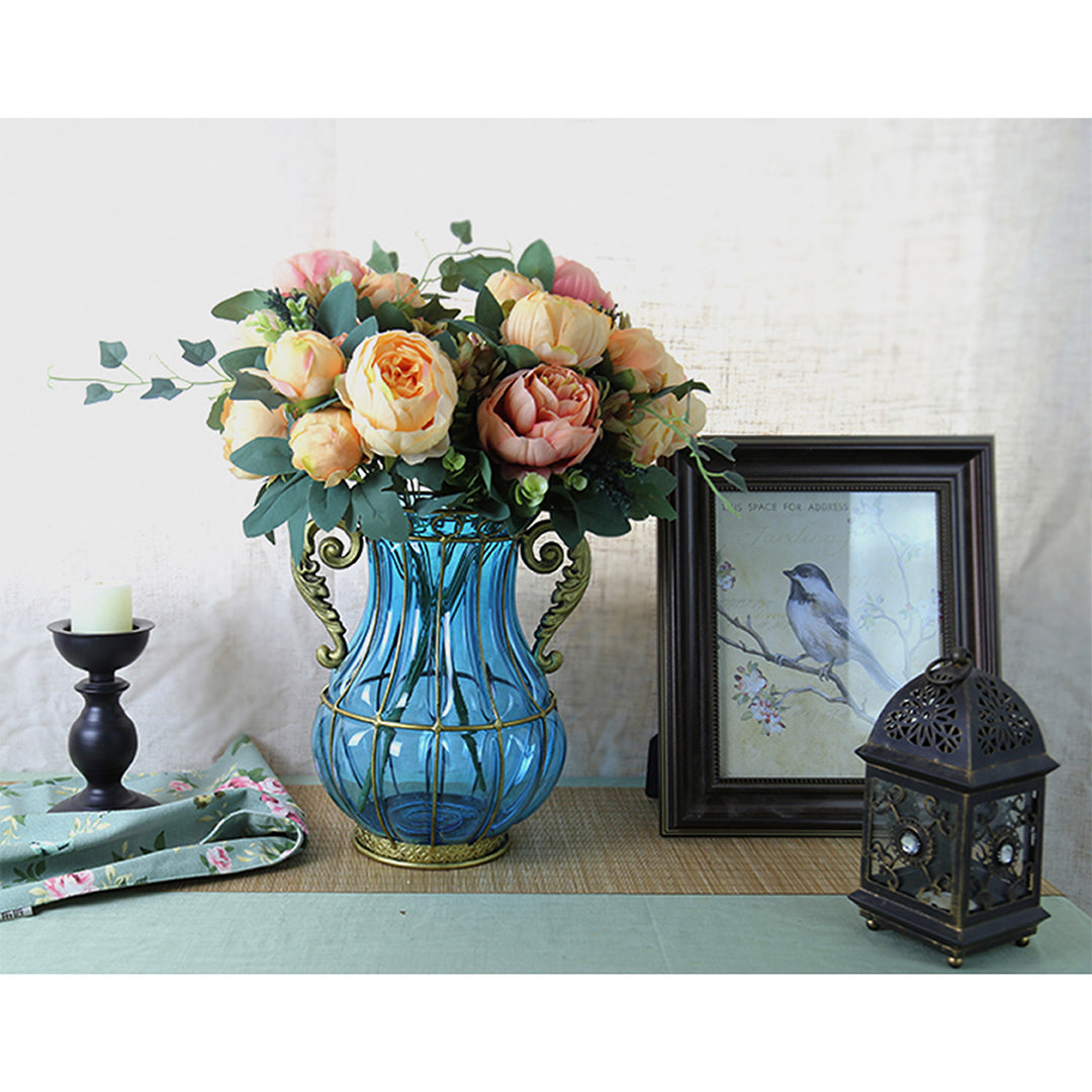 Blue European Glass Flower Vase with Two Metal Handle