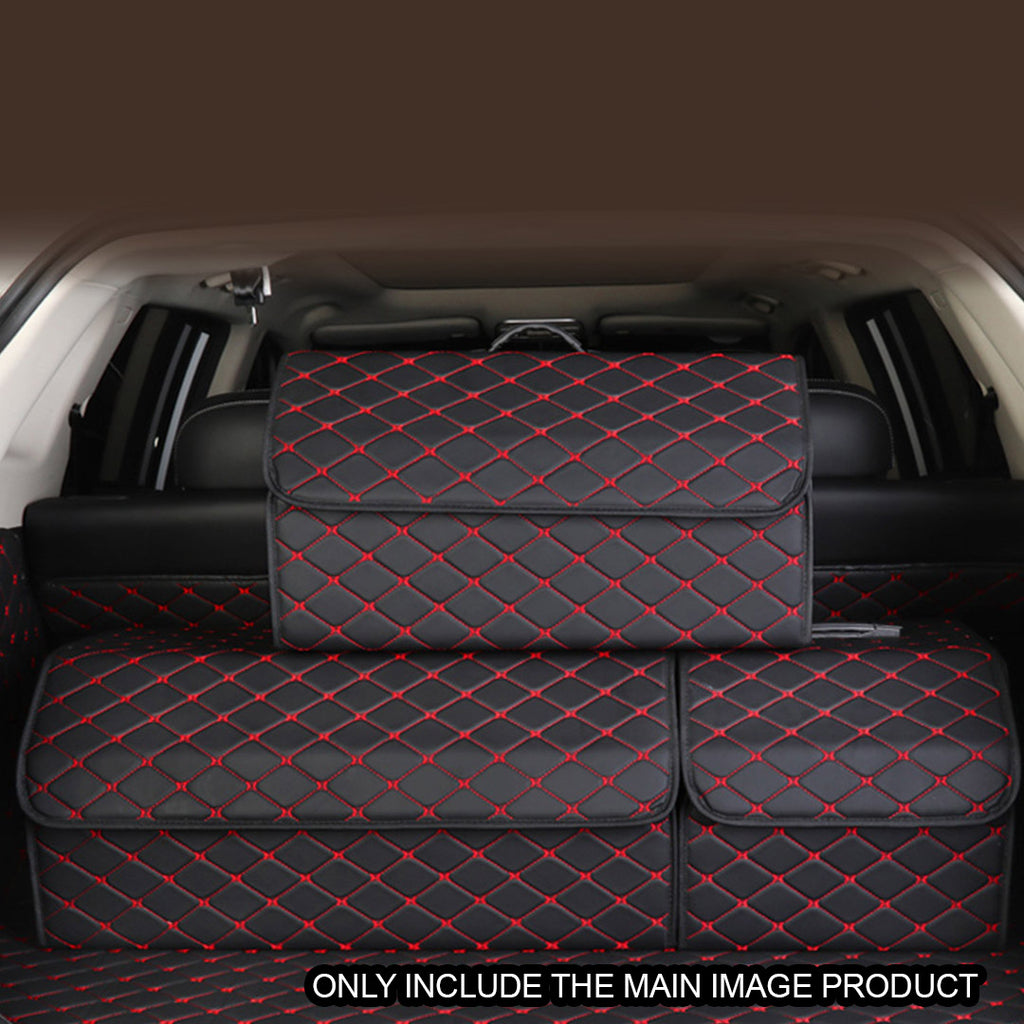 Leather Car Boot Foldable Trunk Cargo Organizer Box Black/Red Stitch Large
