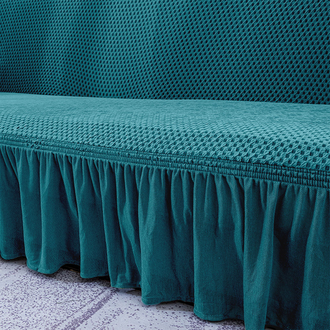Blue Colored 2- Seater Sofa Cover with Ruffled Skirt
