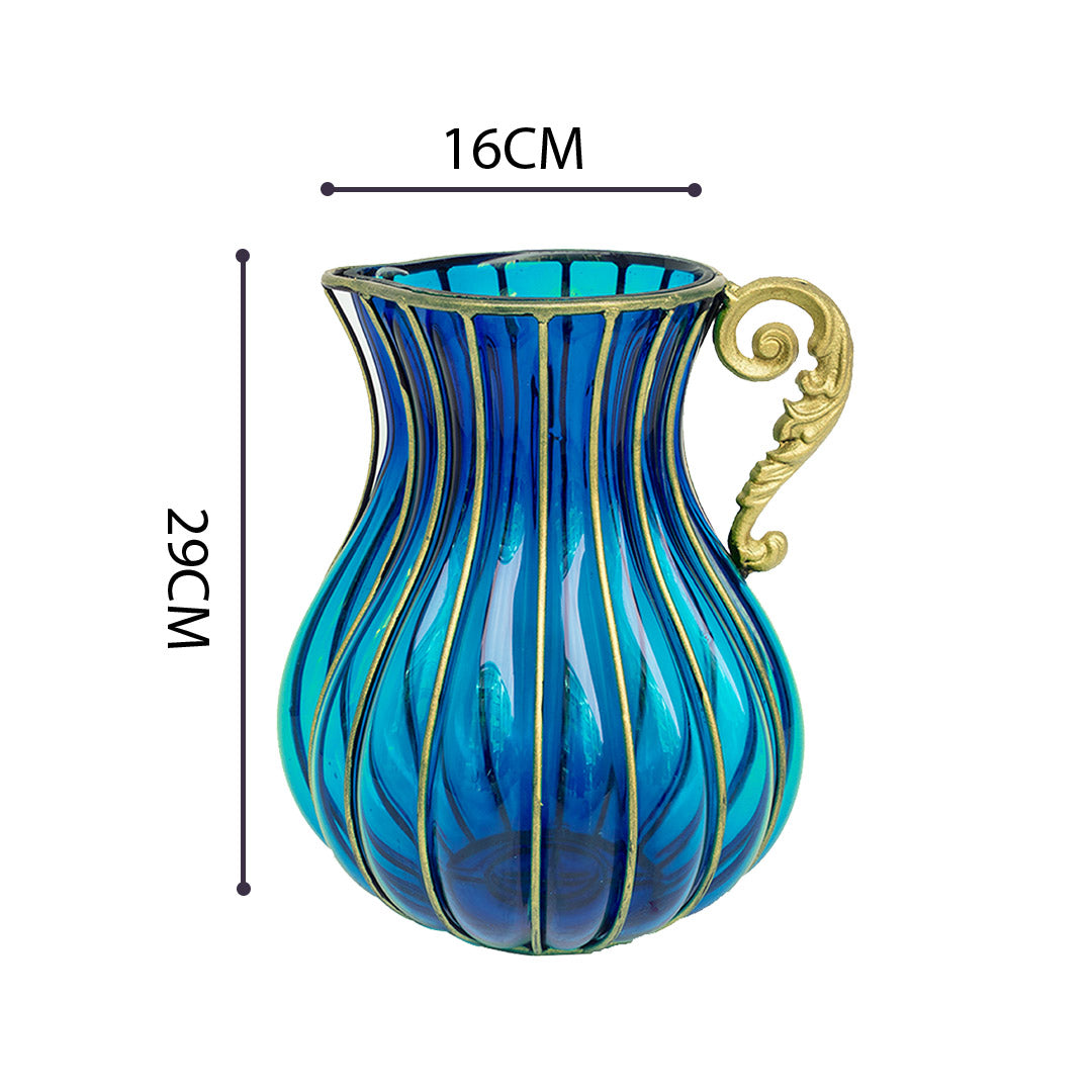 Blue European Glass Flower Vase with Metal Handle