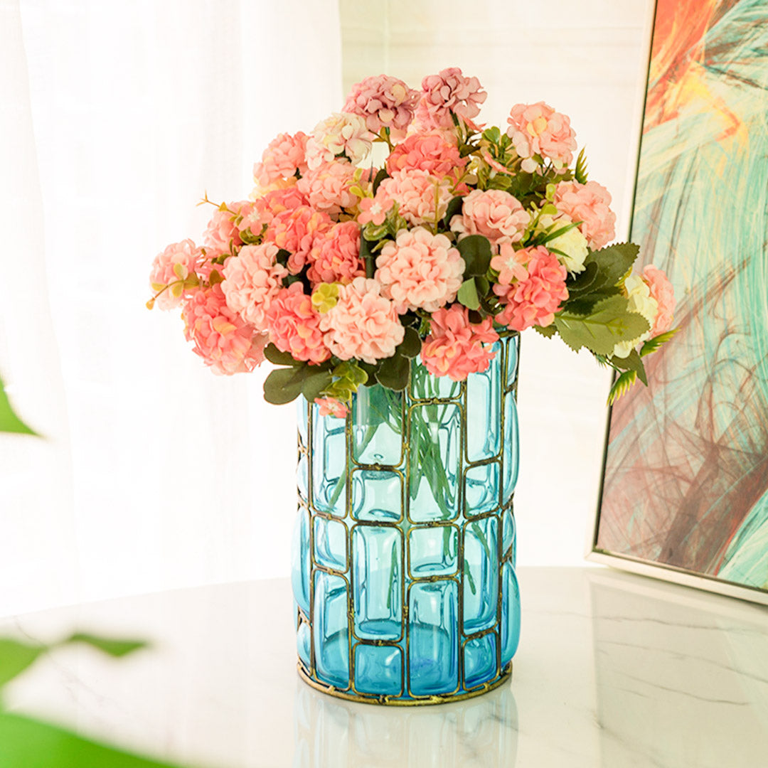 Blue European Glass Flower Vase with Gold Metal Pattern