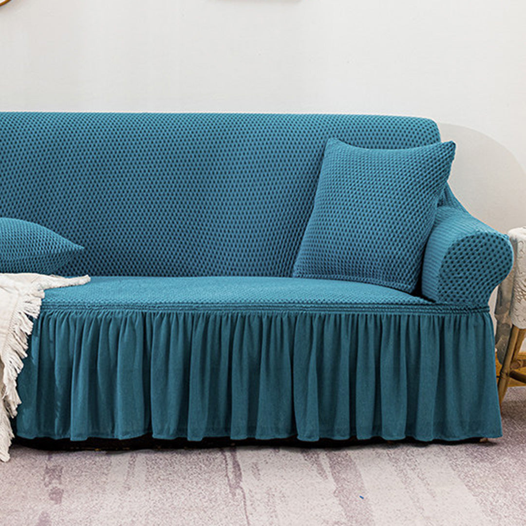 Blue Colored 4- Seater Sofa Cover with Ruffled Skirt