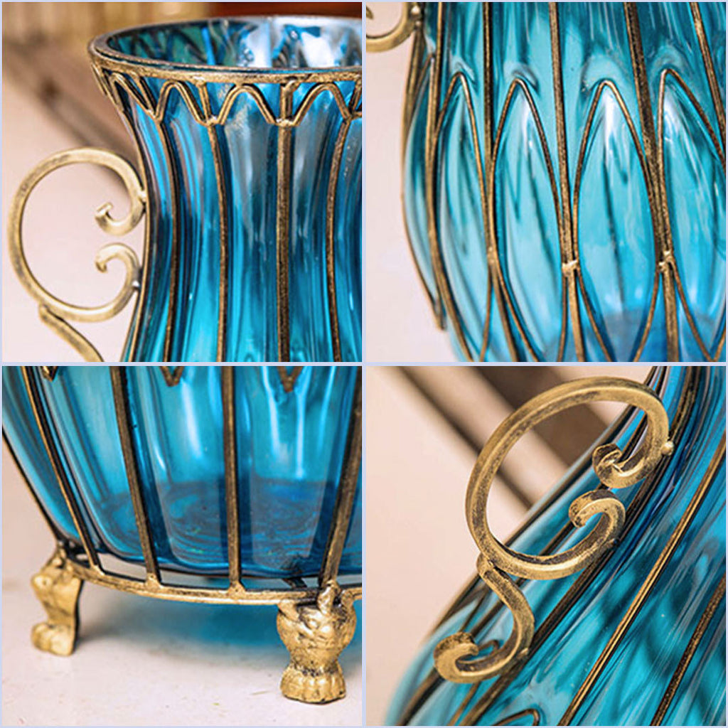 51cm Blue Glass Floor Vase with 12pcs Artificial Flower Set