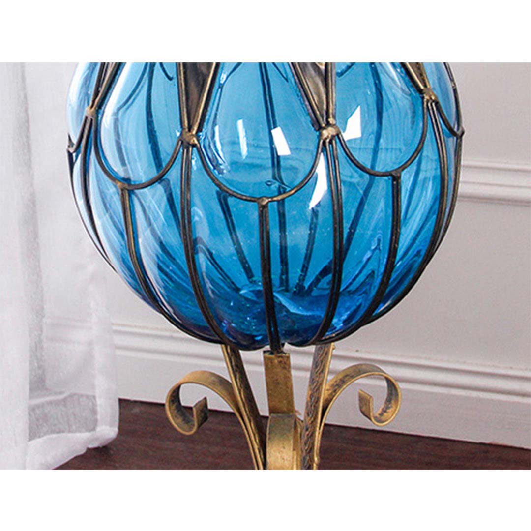 85cm Green Glass Floor Vase and 12pcs Blue Artificial Flower Set