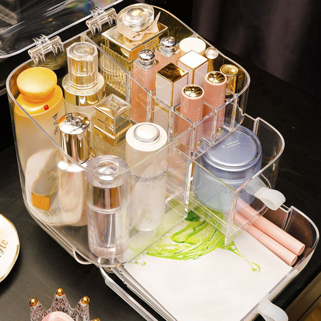 Transparent Cosmetic Storage Skincare Organiser with White LED Light Tabletop Mirror Set