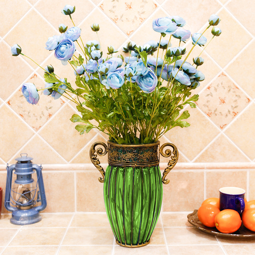 Green European Glass Flower Vase with Two Metal Handle