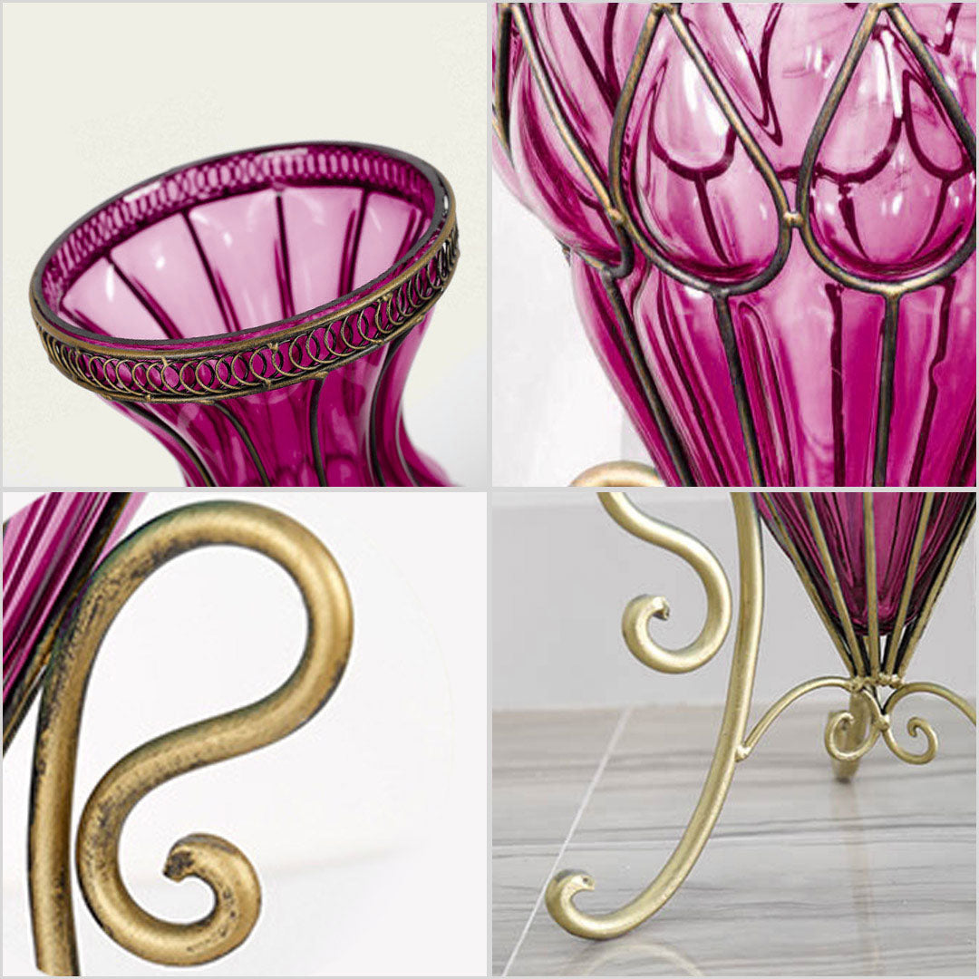 67cm Purple Glass Floor Vase and 12pcs Dark Pink Artificial Flower Set