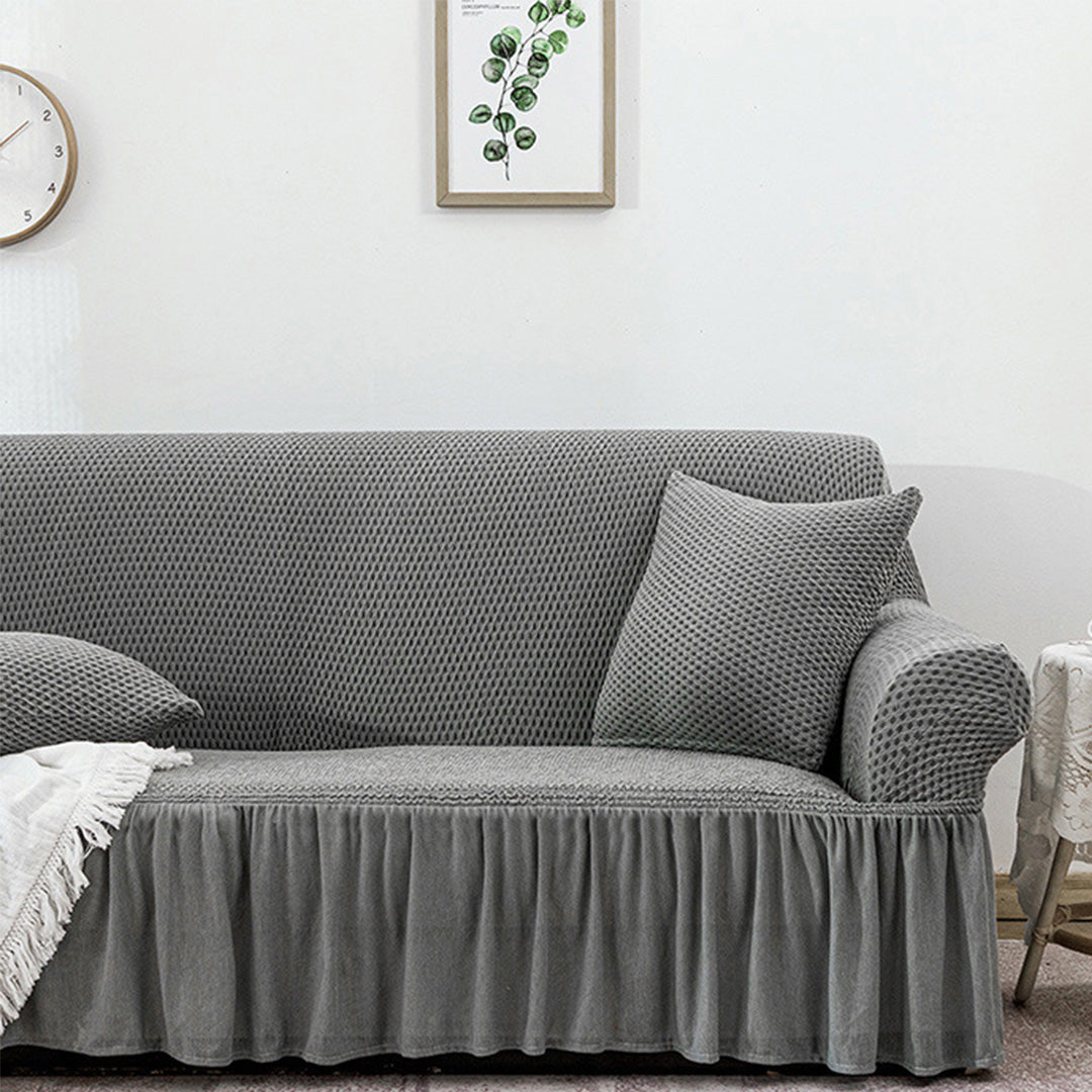 Grey Colored 3- Seater Sofa Cover with Ruffled Skirt