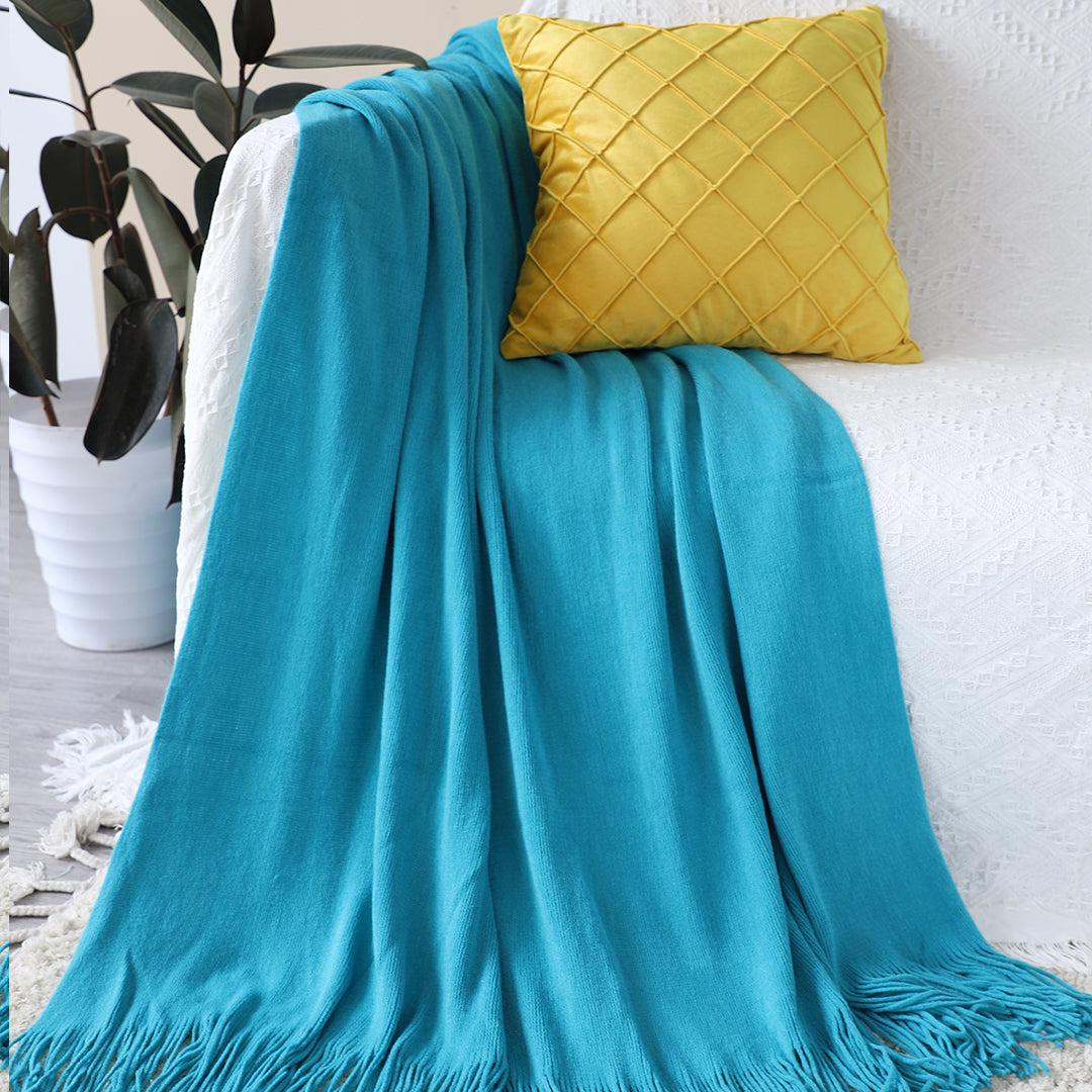 Blue Acrylic Knitted Throw Blanket