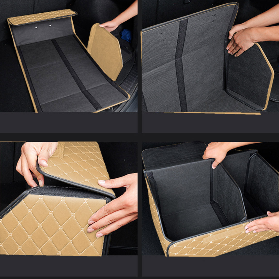 Leather Car Boot Foldable Trunk Cargo Organizer Box Beige/Gold Stitch Large