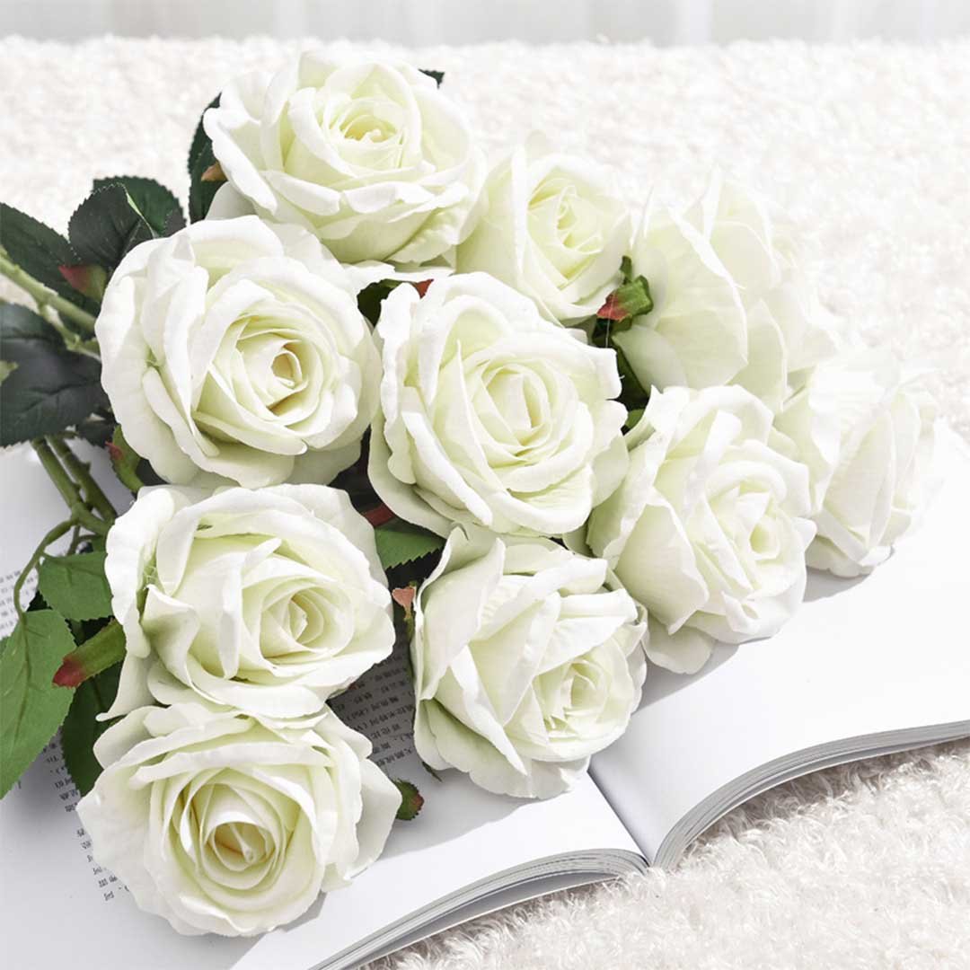 10pcs Artificial Silk Flower Rose Bouquet White