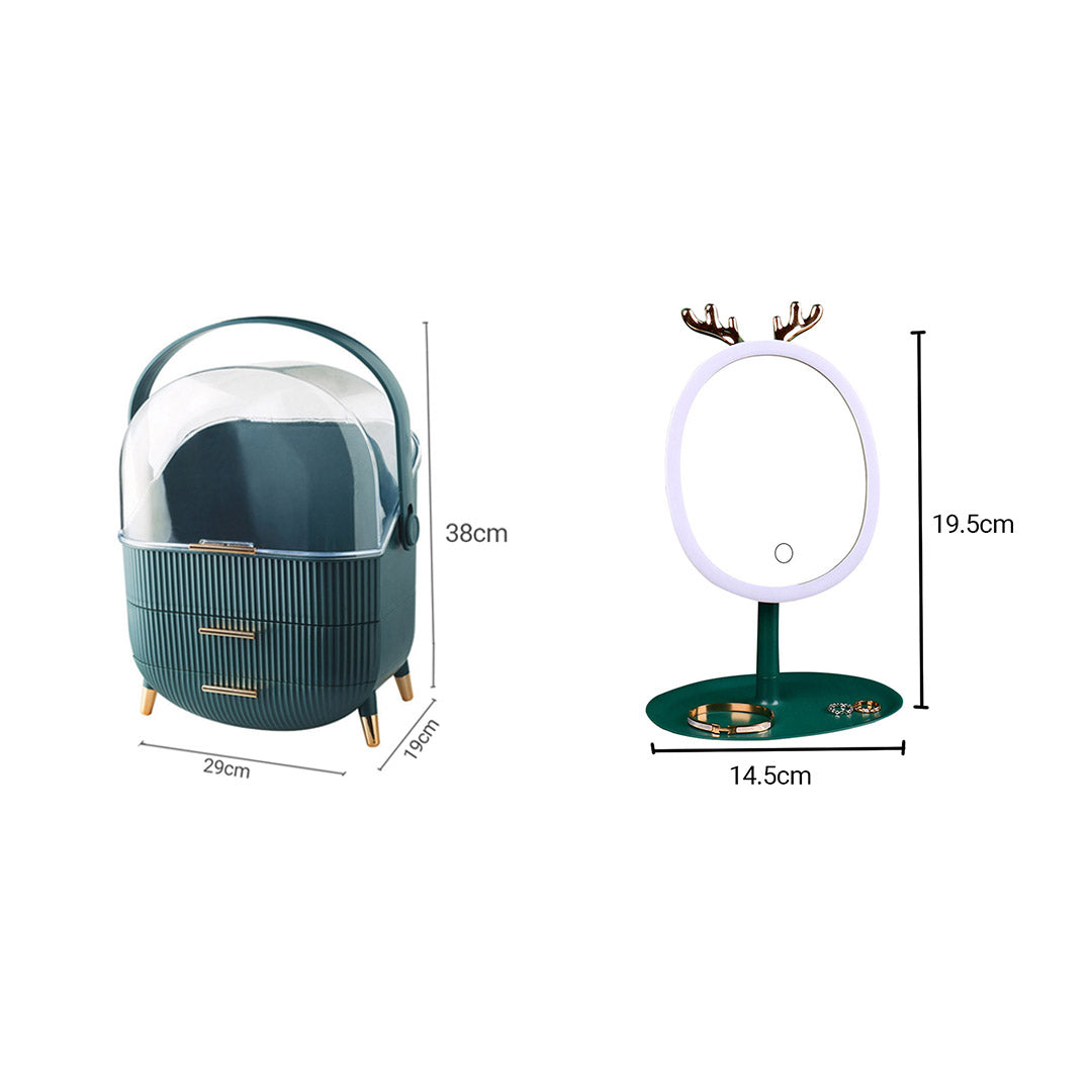 Green Cosmetic Jewelry Storage Organiser with Antler LED Tabletop Mirror Set