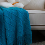 Blue Diamond Pattern Knitted Throw Blanket