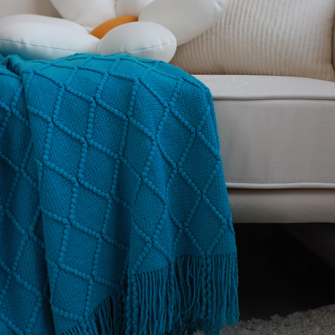 Blue Diamond Pattern Knitted Throw Blanket