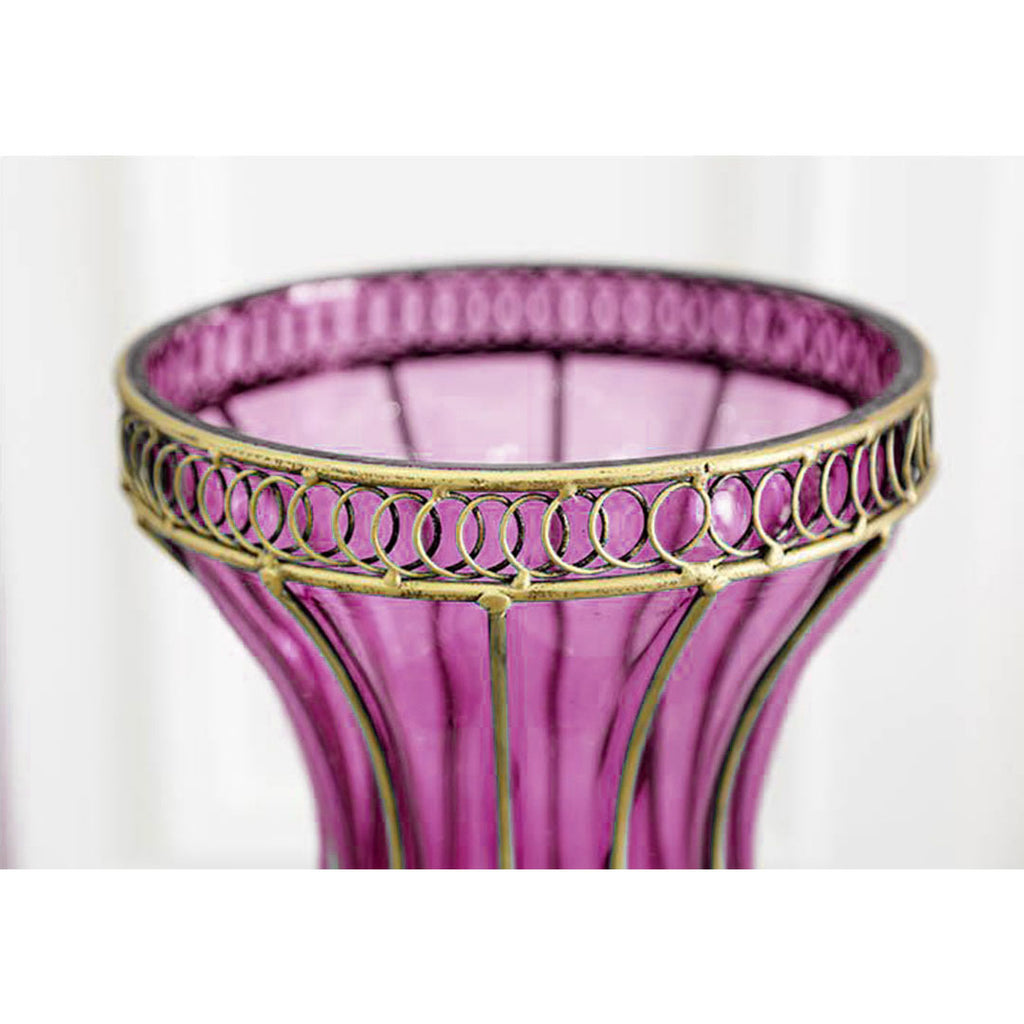67cm Purple Glass Floor Vase and 12pcs Dark Pink Artificial Flower Set