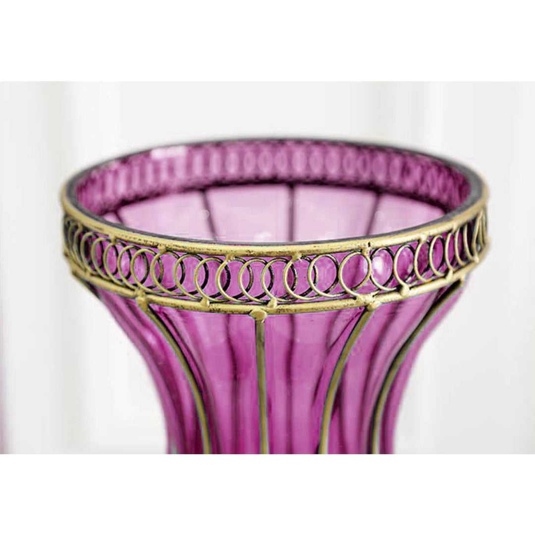 67cm Purple Glass Floor Vase and 12pcs Dark Pink Artificial Flower Set