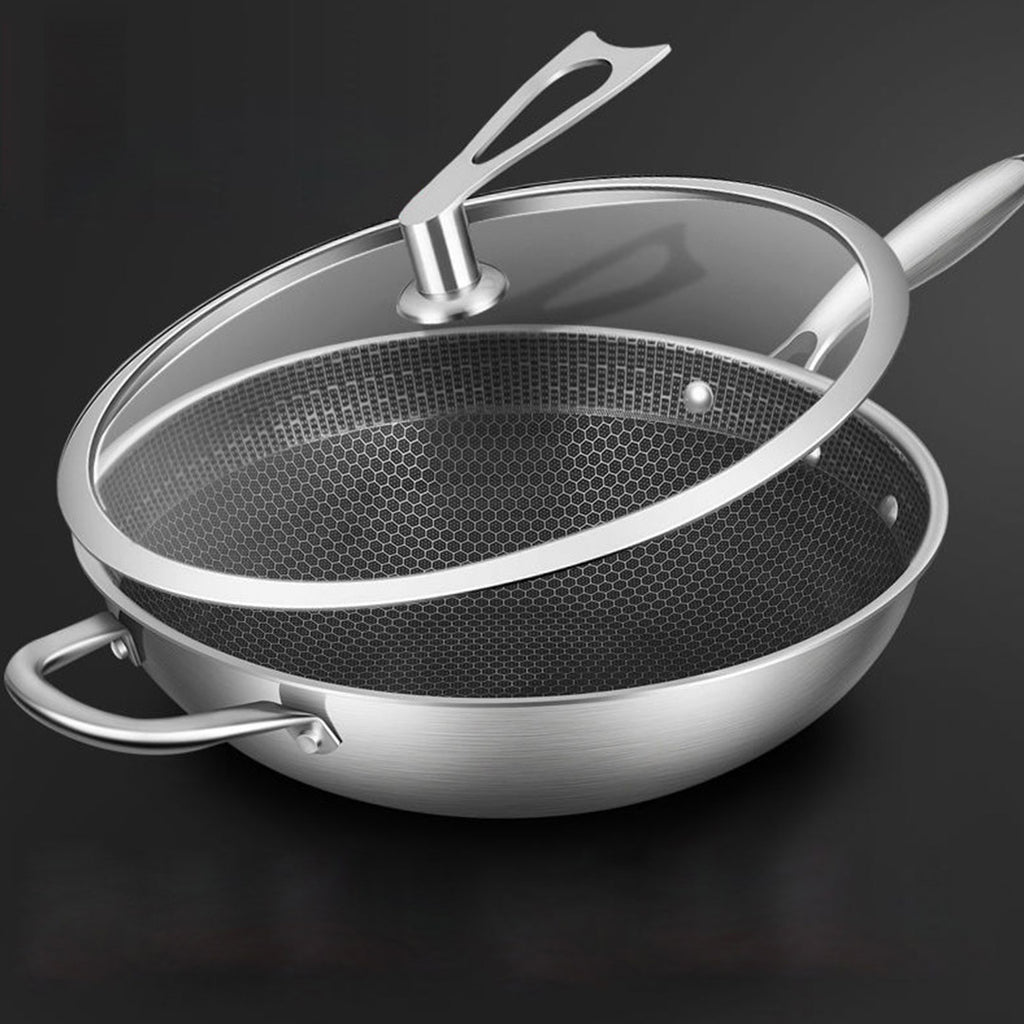 34cm Stainless Steel Frying Pan with Glass Lid and Helper Handle