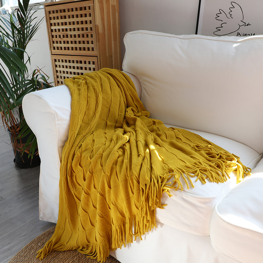 Mustard Textured Knitted Throw Blanket