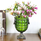 Green Glass Flower Vase with 6 Bunch 4 Heads Artificial Silk Magnolia denudata Set
