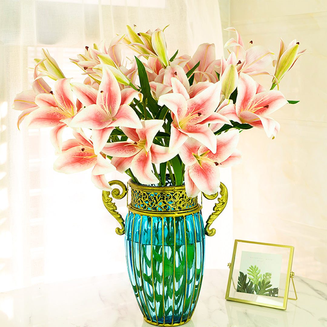 Blue European Glass Flower Vase with Two Metal Handle