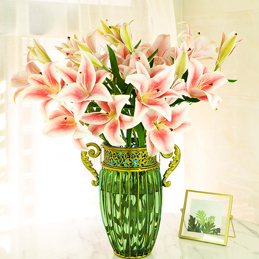 Green European Glass Flower Vase with Two Metal Handle