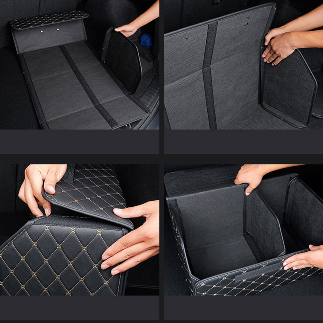 Leather Car Boot Foldable Trunk Cargo Organizer Box Black/Gold Stitch Small