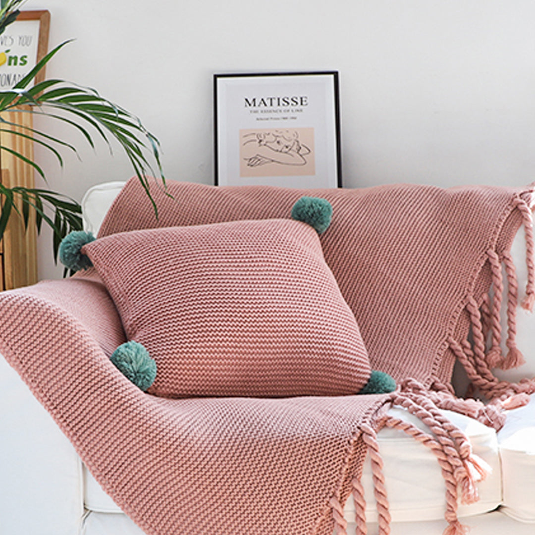 Pink Tassel Fringe Knitted Throw Blanket