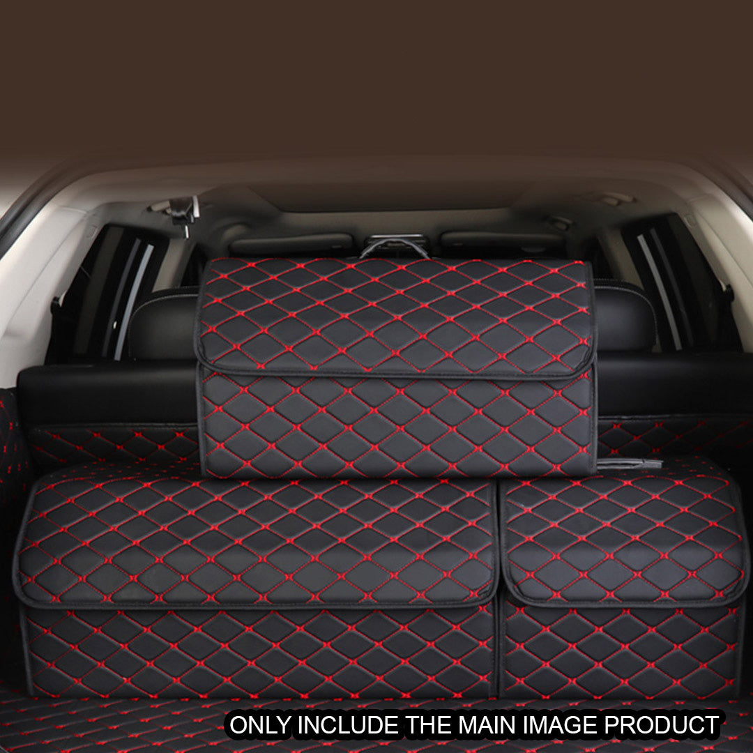 Leather Car Boot Foldable Trunk Cargo Organizer Box Black/Red Stitch Small
