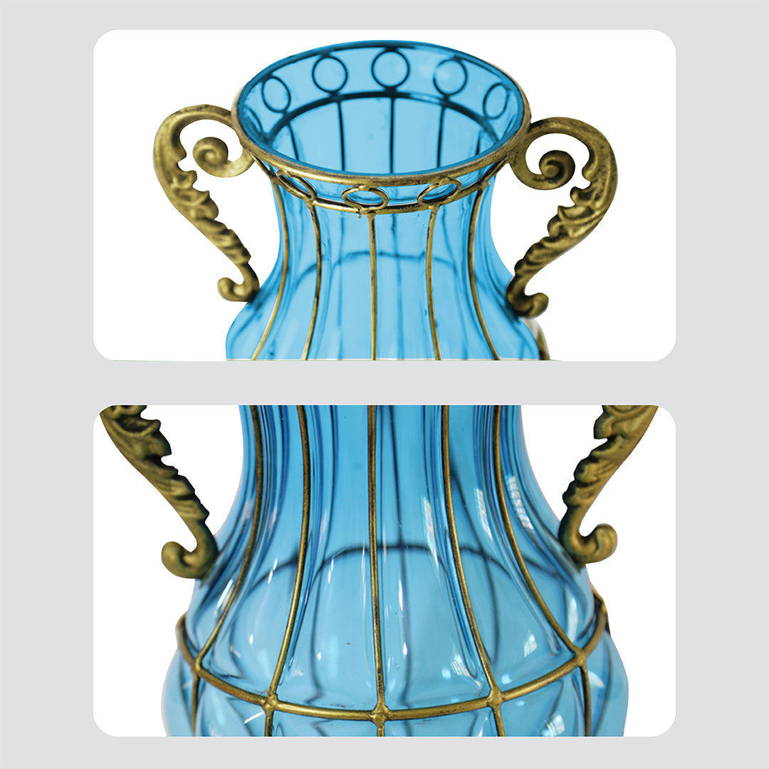 Blue European Glass Flower Vase with Two Metal Handle
