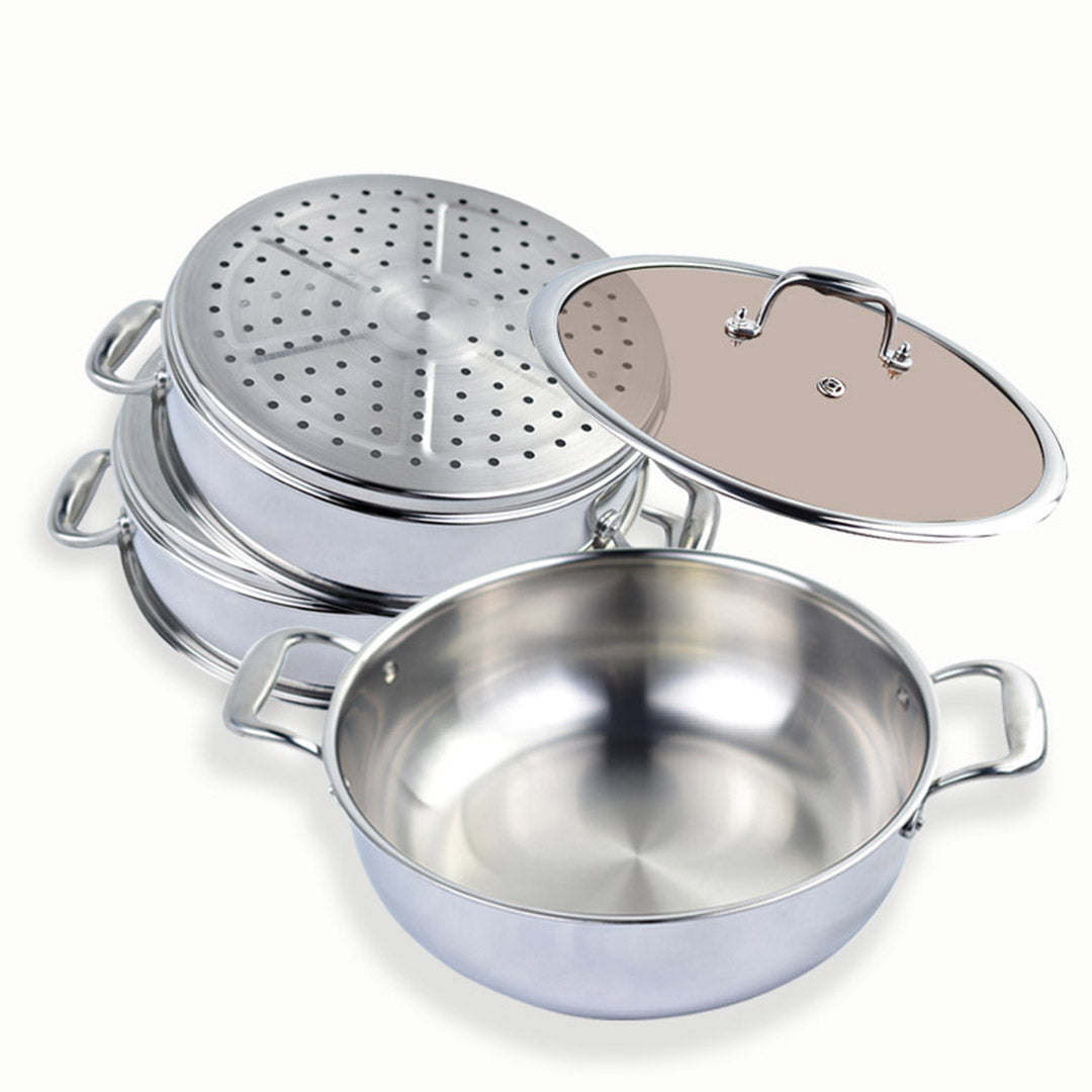 3 Tier 32cm Stainless Steel Food Steamer with Glass Lid