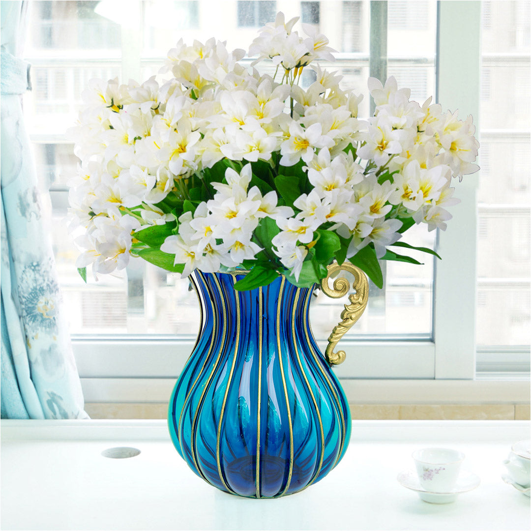 Blue Glass Flower Vase with 10 Bunch 6 Heads Artificial Silk Lilium nanum Set