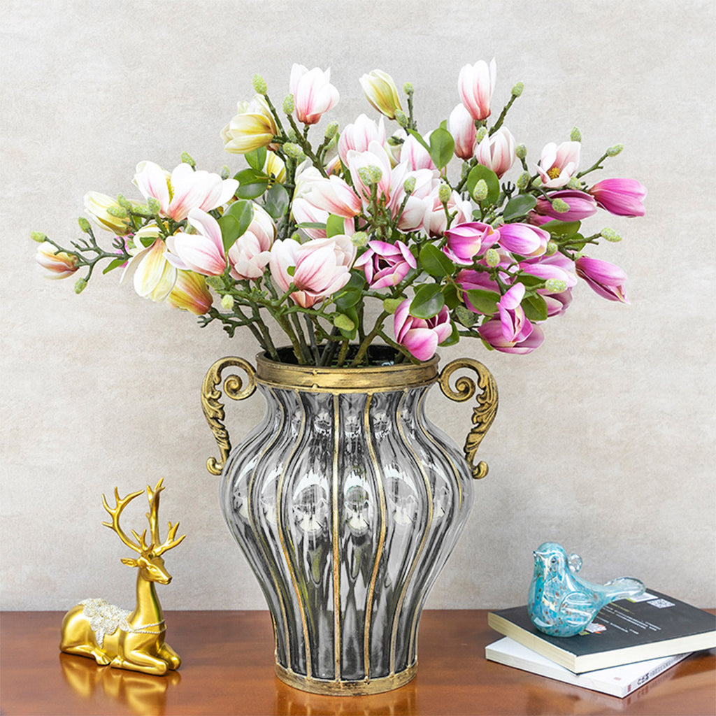 Clear Glass Flower Vase with 6 Bunch 4 Heads Artificial Silk Magnolia denudata Set