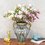 Clear Glass Flower Vase with 6 Bunch 4 Heads Artificial Silk Magnolia denudata Set
