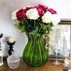 Green European Glass Flower Vase with Metal Handle