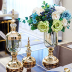 2x Clear Gold Glass Vase with Lid and Pink Flower Set