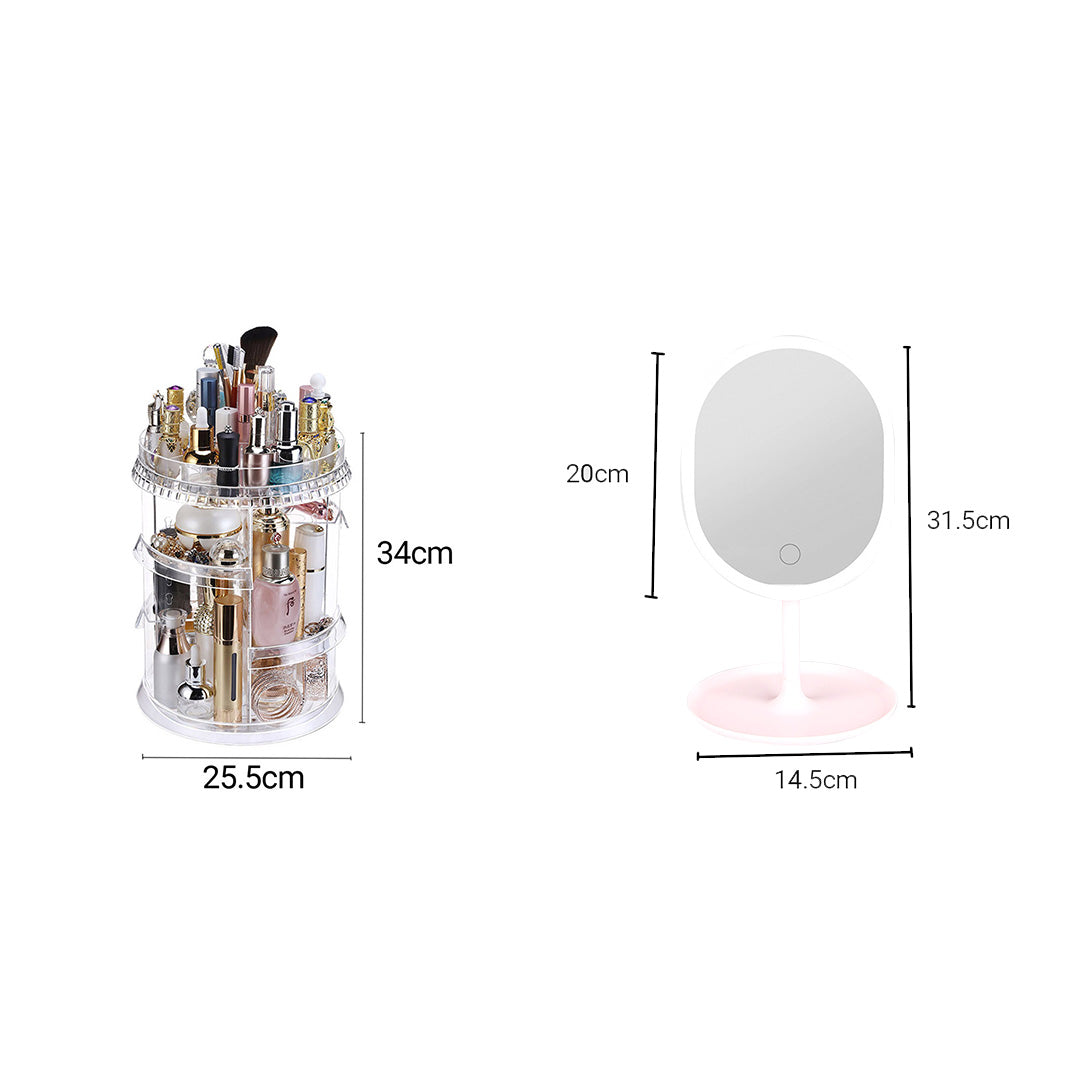 360 Degree Rotating Cosmetic Storage Organiser with White LED Light Tabletop Mirror Set