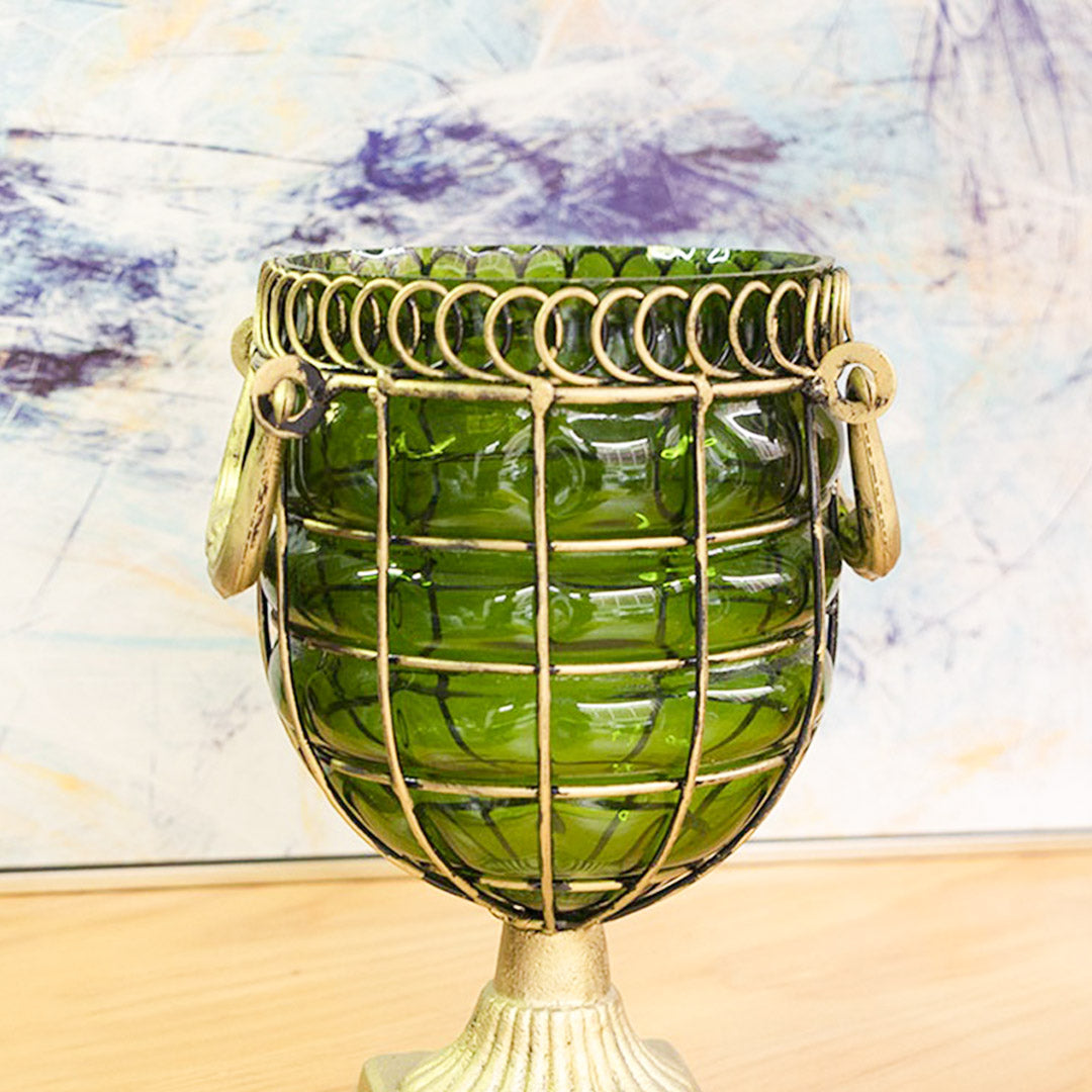 Green European GlassFlower Vase with Metal Handle