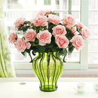 Green Glass Flower Vase with 4 Bunch 9 Heads Artificial Silk Rose Set