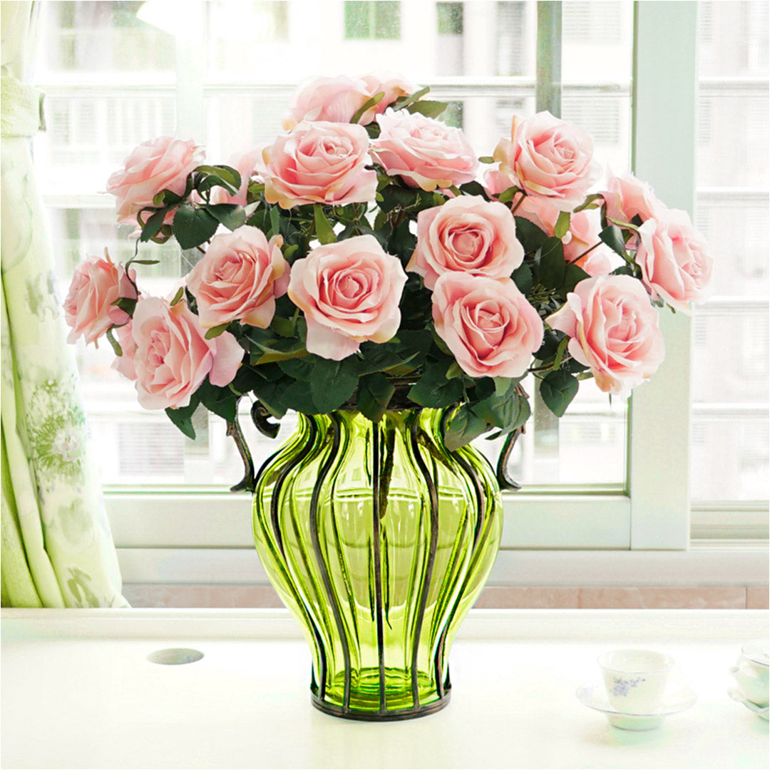 Green Glass Flower Vase with 4 Bunch 9 Heads Artificial Silk Rose Set